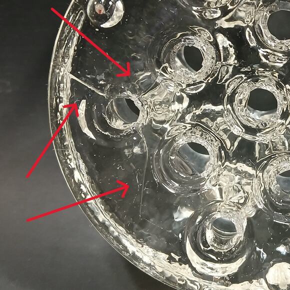 Vtg Round Clear Glass Flower Frog 3 Footed 11 Hole 3.25" Dia 1.5" Tall ?Crack? - Picture 7 of 8